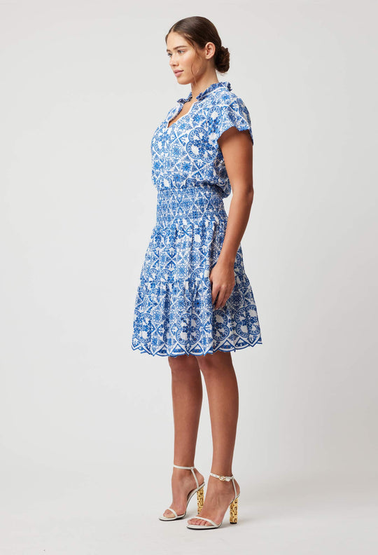 OnceWas Positano Embroidered Viscose Dress in Azure Embroidery