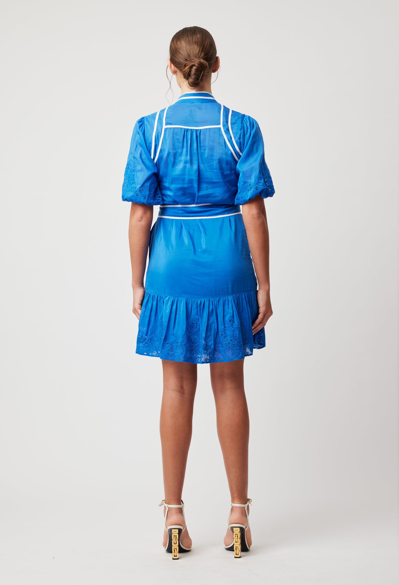 OnceWas Lucia Embroidered Cotton Silk Dress in Azure
