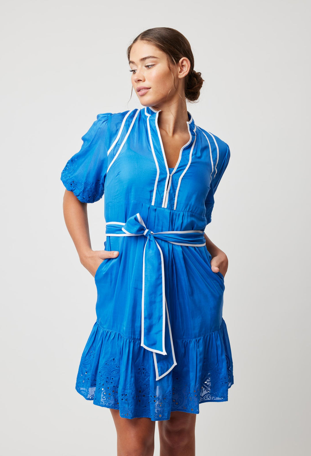 OnceWas Lucia Embroidered Cotton Silk Dress in Azure