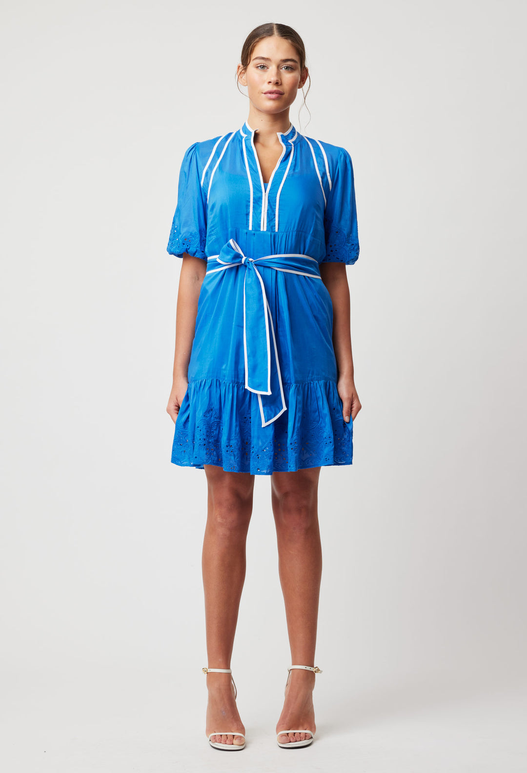 OnceWas Lucia Embroidered Cotton Silk Dress in Azure