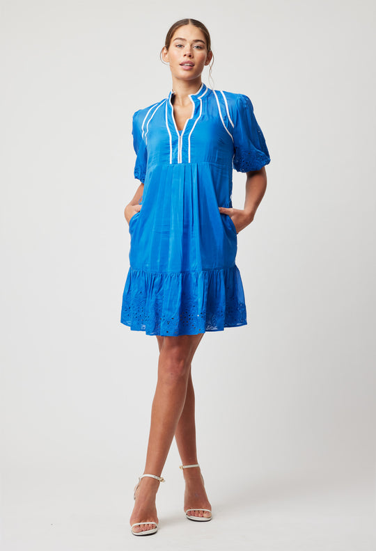 OnceWas Lucia Embroidered Cotton Silk Dress in Azure