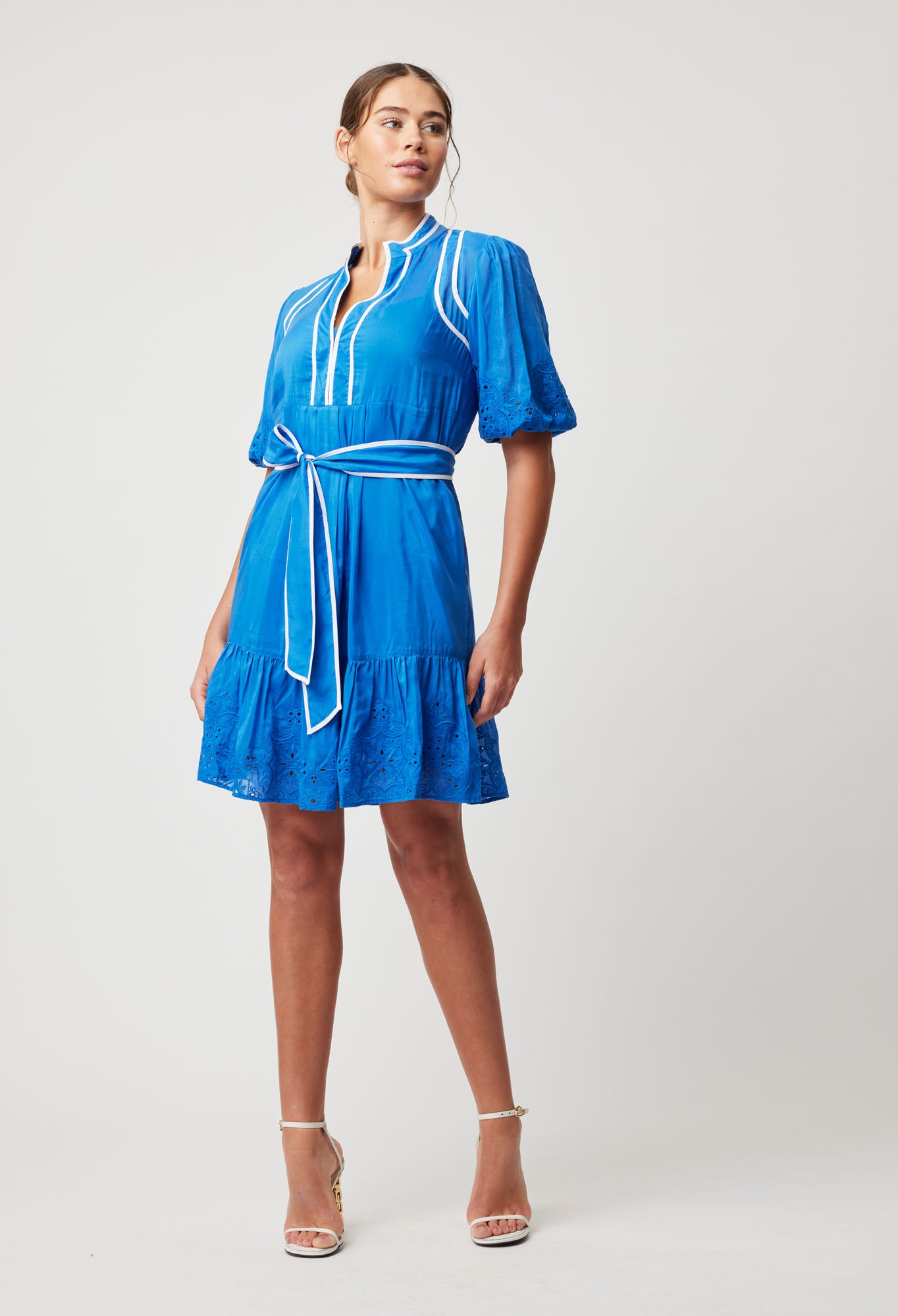 OnceWas Lucia Embroidered Cotton Silk Dress in Azure
