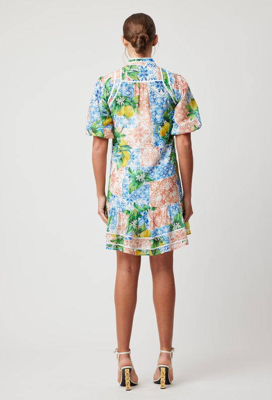 OnceWas Lucia Embroidered Cotton Silk Dress in Limonata