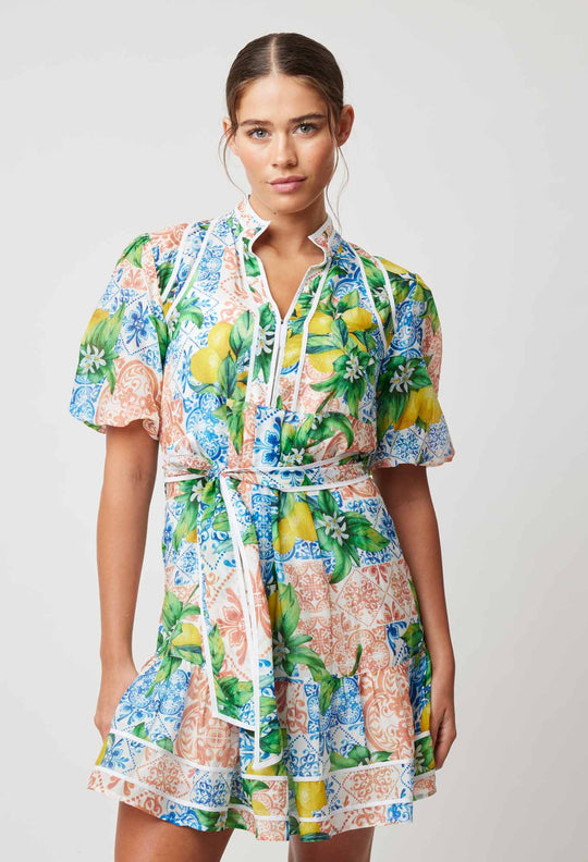 OnceWas Lucia Embroidered Cotton Silk Dress in Limonata