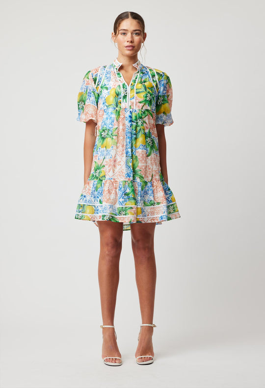 OnceWas Lucia Embroidered Cotton Silk Dress in Limonata