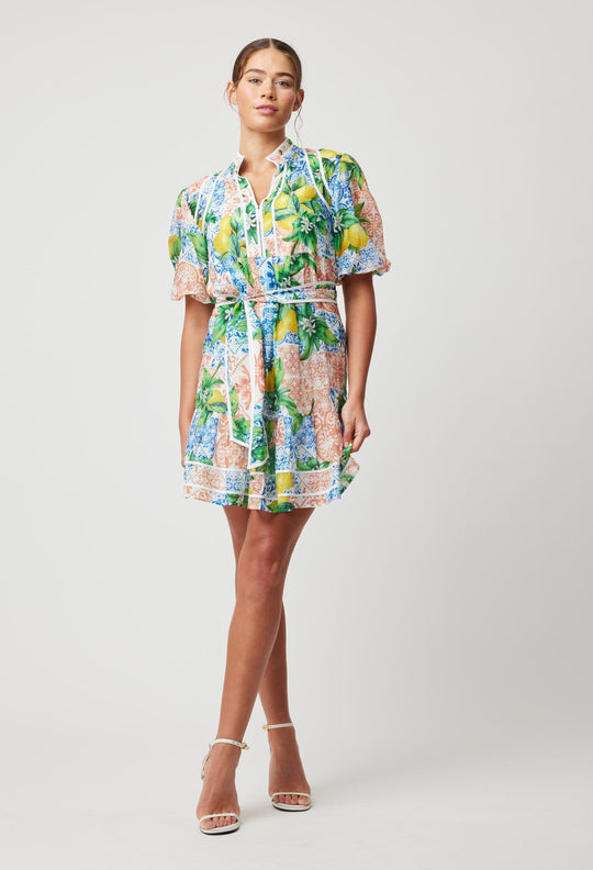 OnceWas Lucia Embroidered Cotton Silk Dress in Limonata