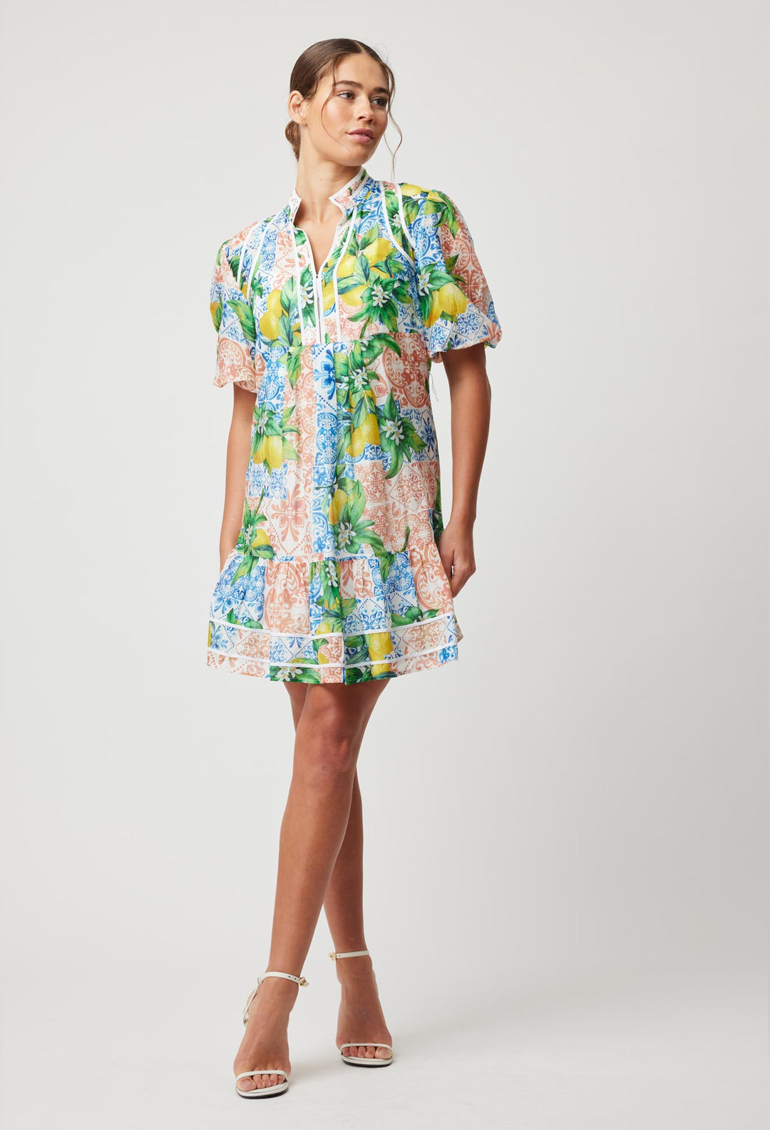 OnceWas Lucia Embroidered Cotton Silk Dress in Limonata