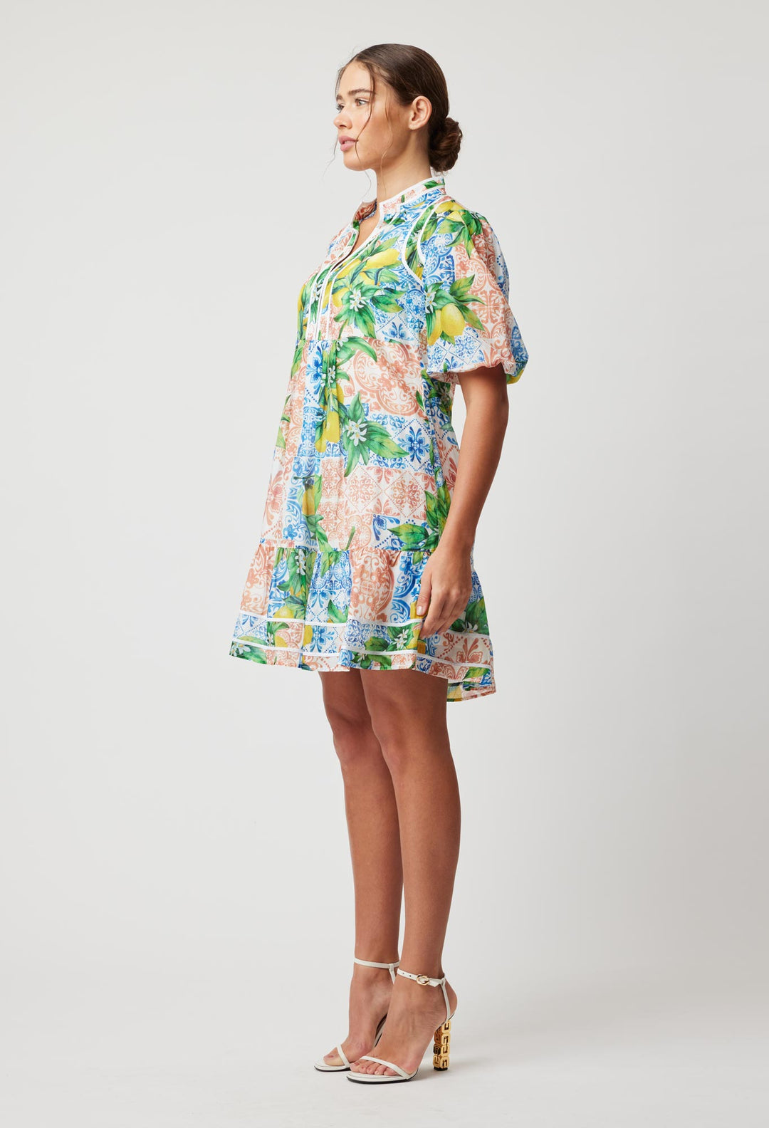 OnceWas Lucia Embroidered Cotton Silk Dress in Limonata