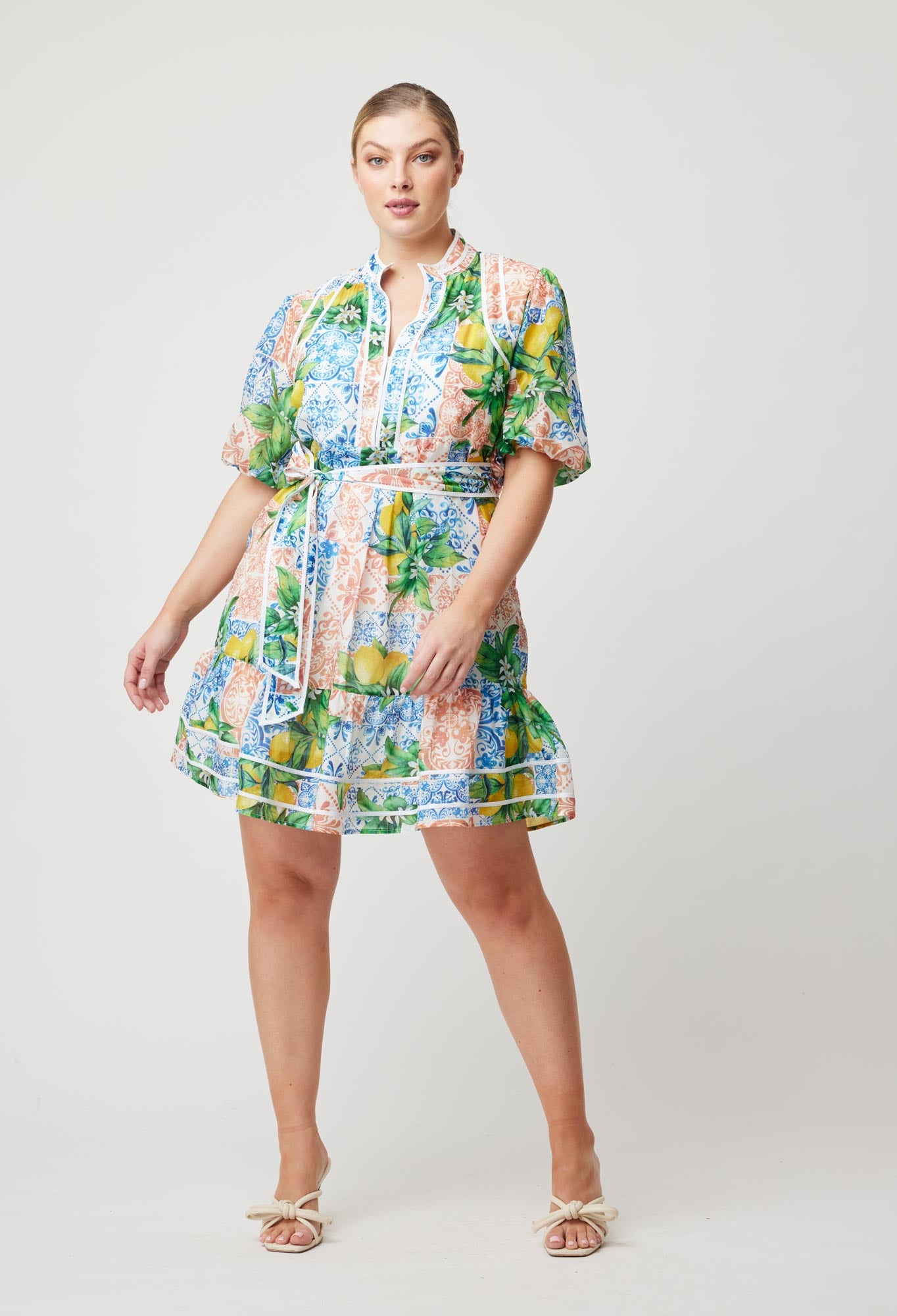 OnceWas Lucia Embroidered Cotton Silk Dress in Limonata