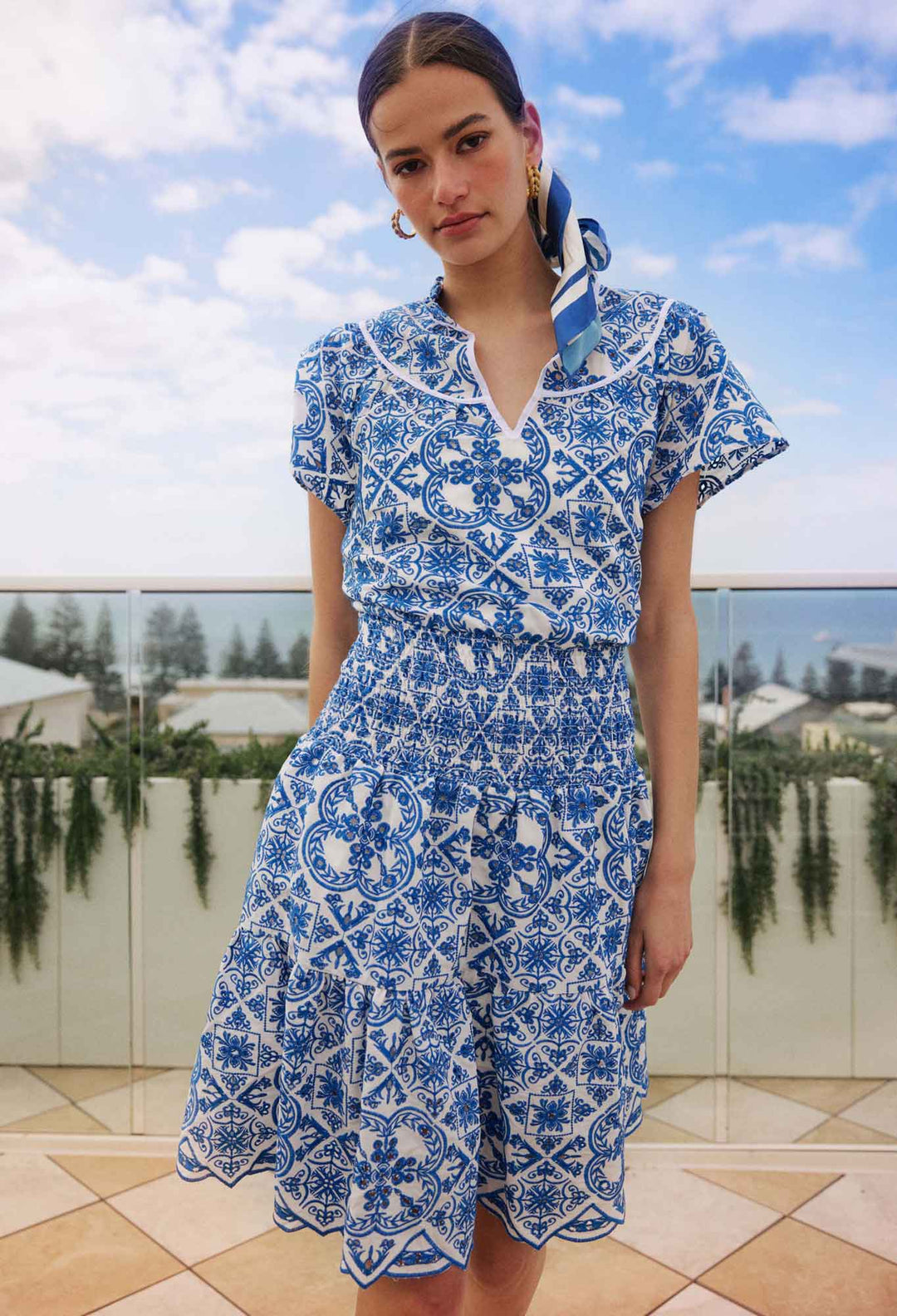 OnceWas Positano Embroidered Viscose Dress in Azure Embroidery