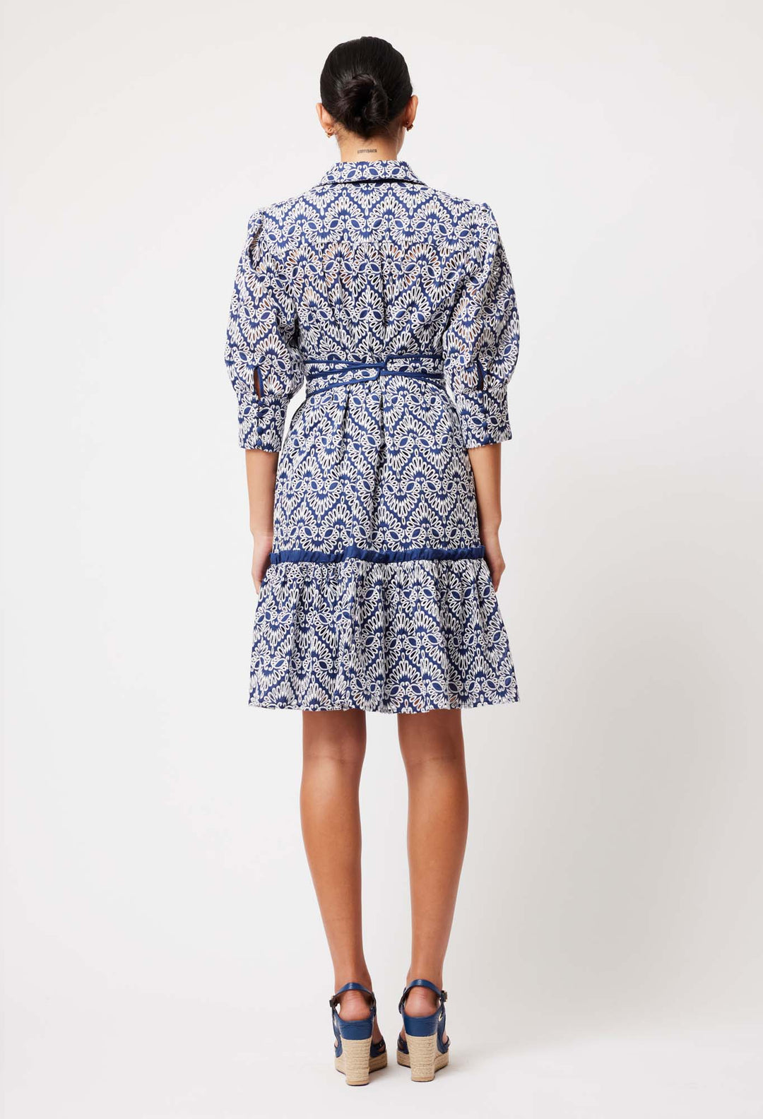 OnceWas Adeline Embroidered Cotton Dress in Navy/White Embroidery