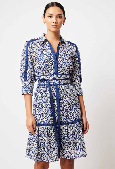 OnceWas Adeline Embroidered Cotton Dress in Navy/White Embroidery