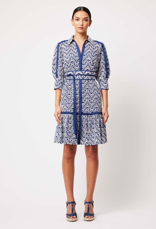 OnceWas Adeline Embroidered Cotton Dress in Navy/White Embroidery