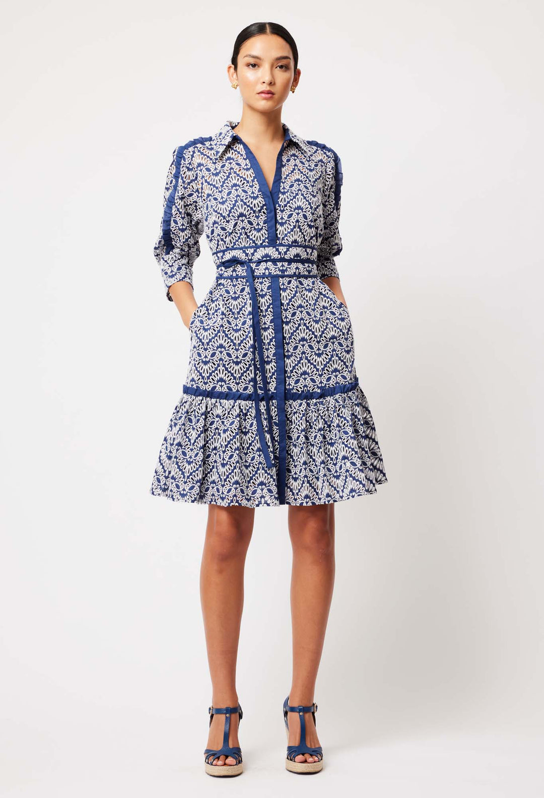 OnceWas Adeline Embroidered Cotton Dress in Navy/White Embroidery