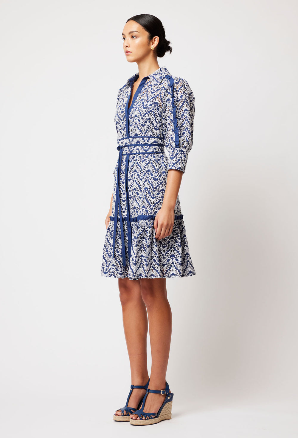 OnceWas Adeline Embroidered Cotton Dress in Navy/White Embroidery