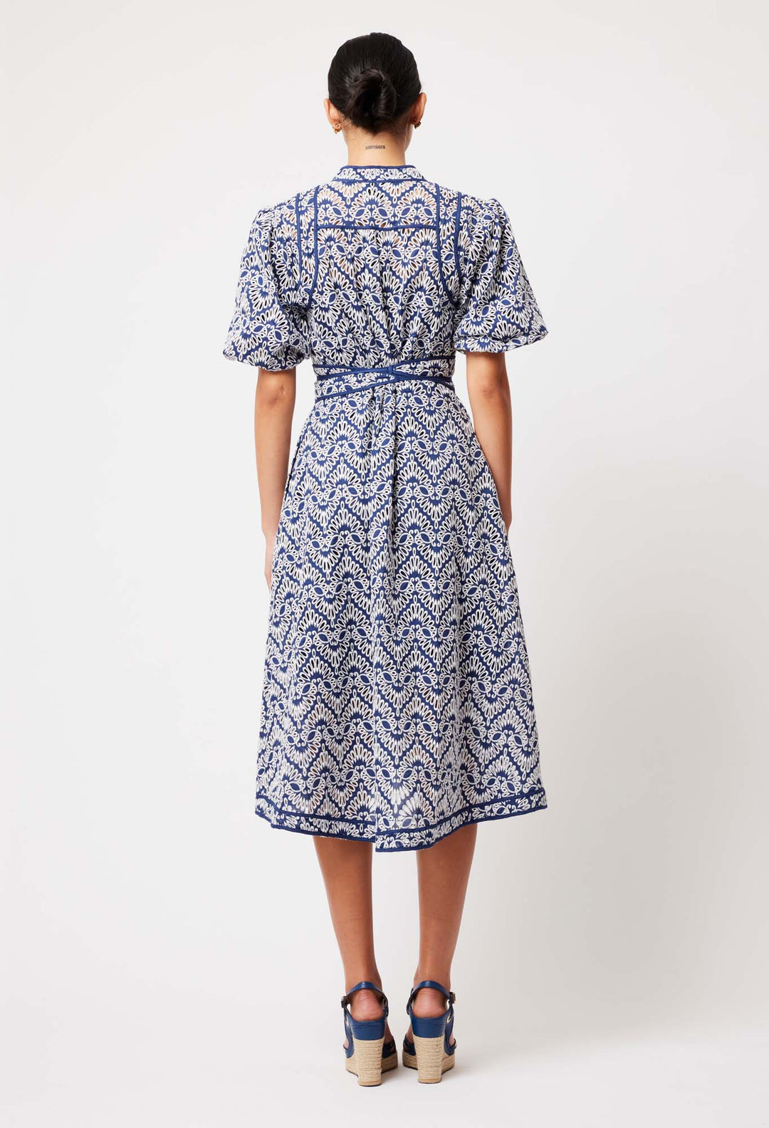 OnceWas Delphine Embroidered Cotton Dress in Navy/White Embroidery