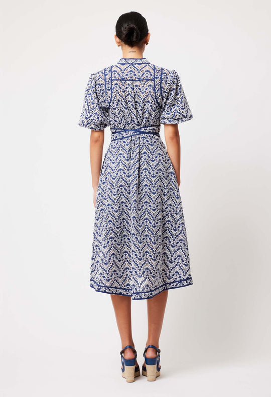 OnceWas Delphine Embroidered Cotton Dress in Navy/White Embroidery