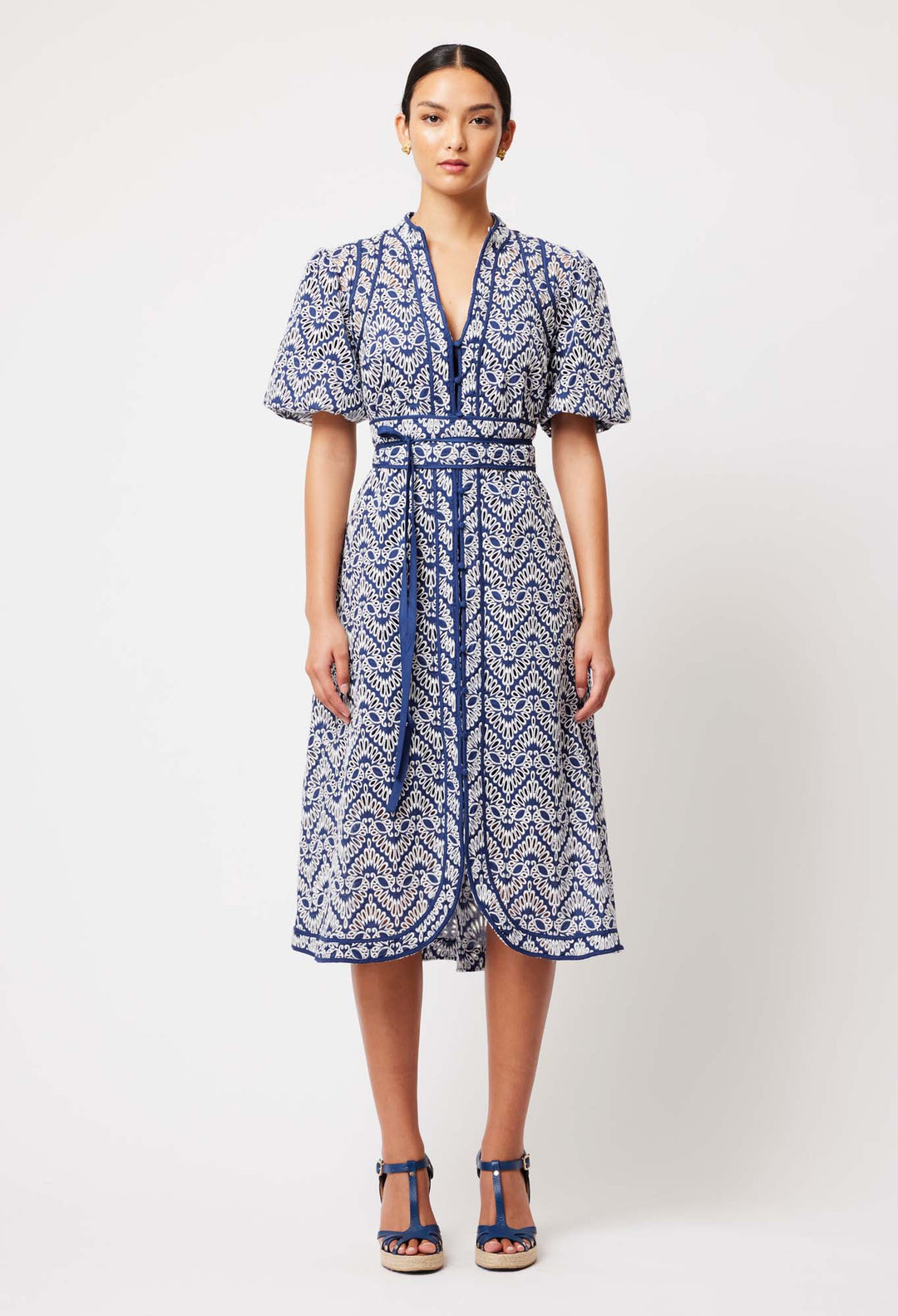 OnceWas Delphine Embroidered Cotton Dress in Navy/White Embroidery