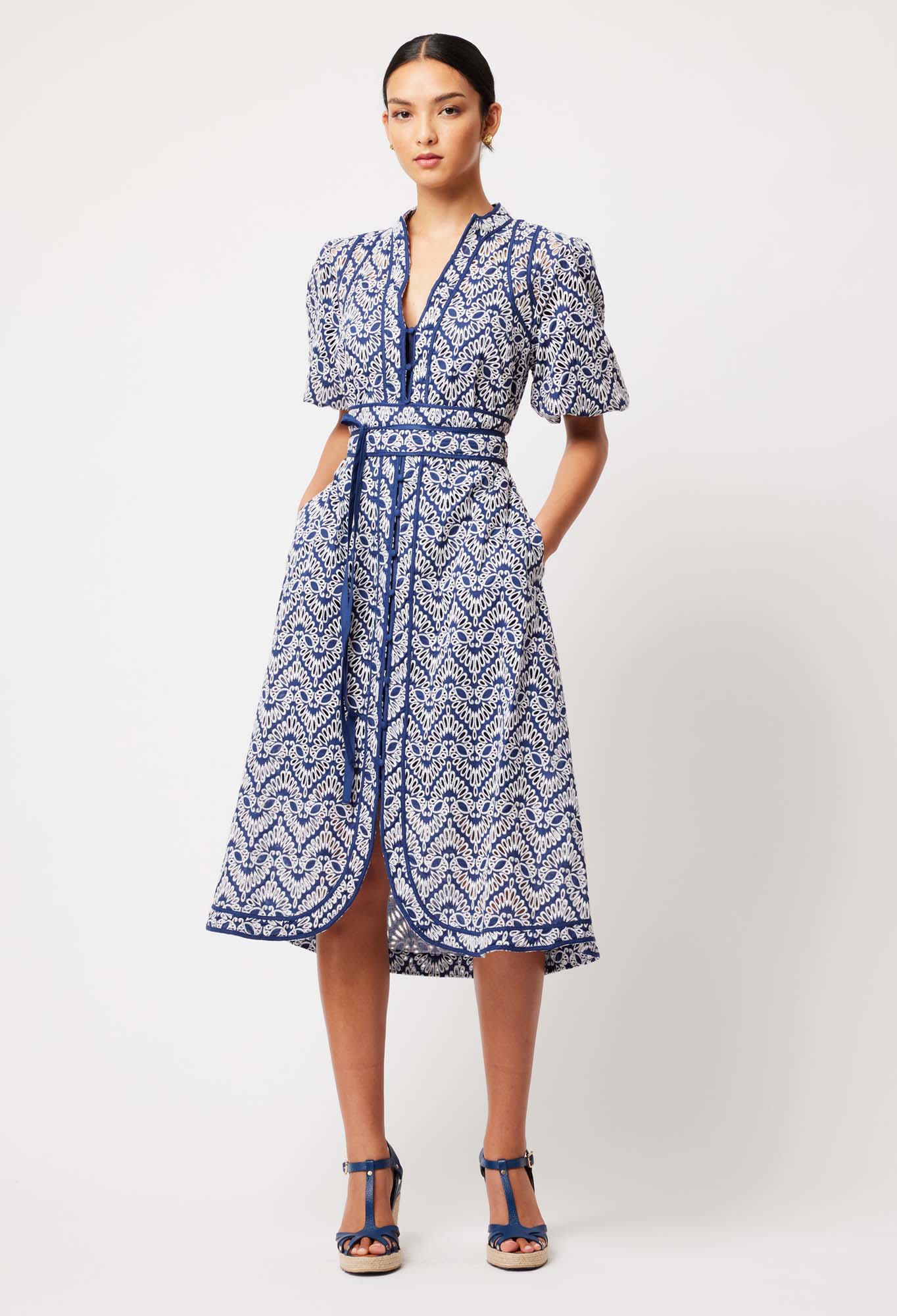 OnceWas Delphine Embroidered Cotton Dress in Navy/White Embroidery