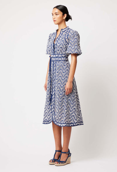 OnceWas Delphine Embroidered Cotton Dress in Navy/White Embroidery