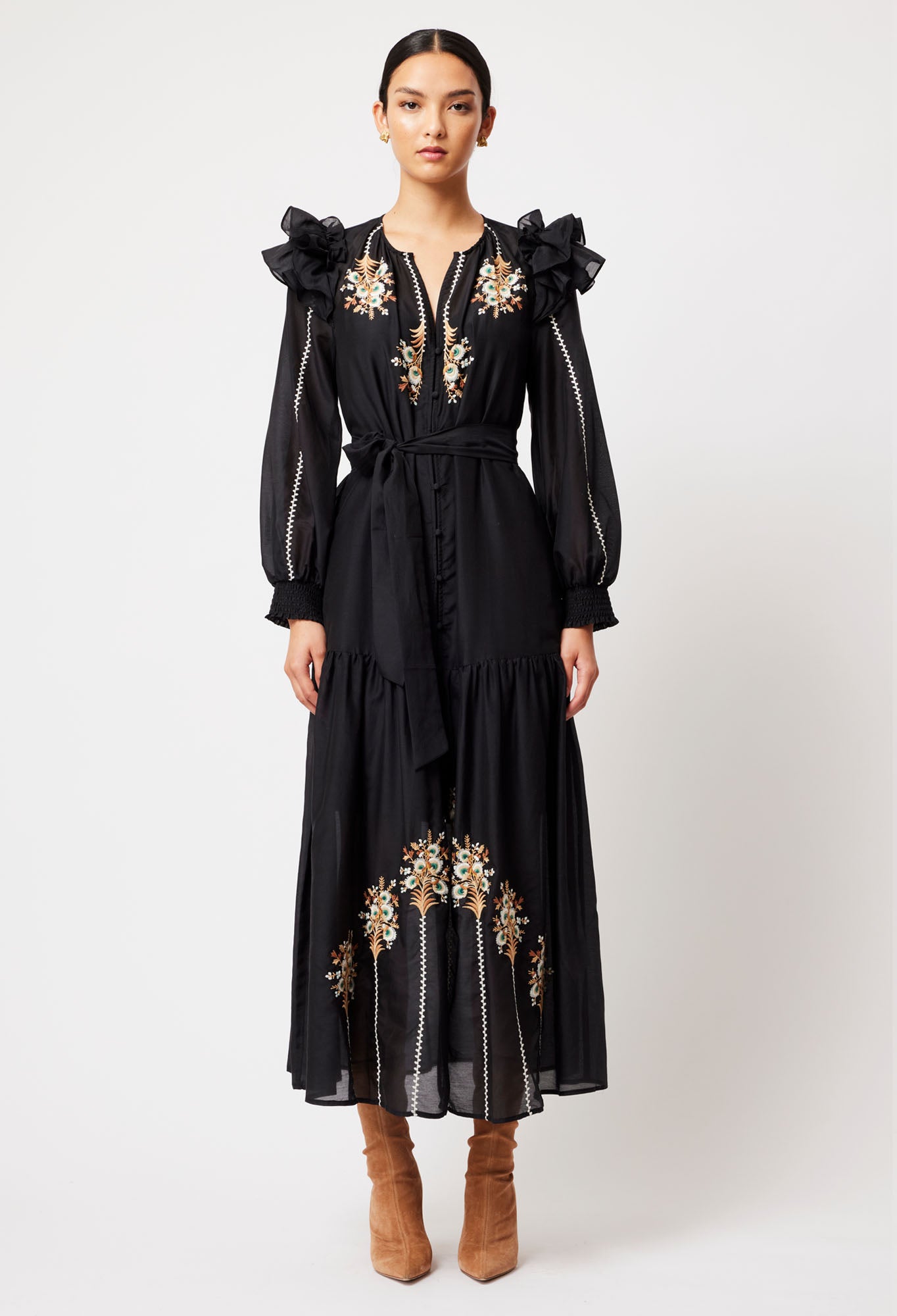 OnceWas Aquila Cotton Silk Embroidered Dress in Black