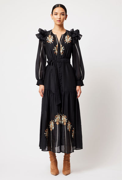 OnceWas Aquila Cotton Silk Embroidered Dress in Black