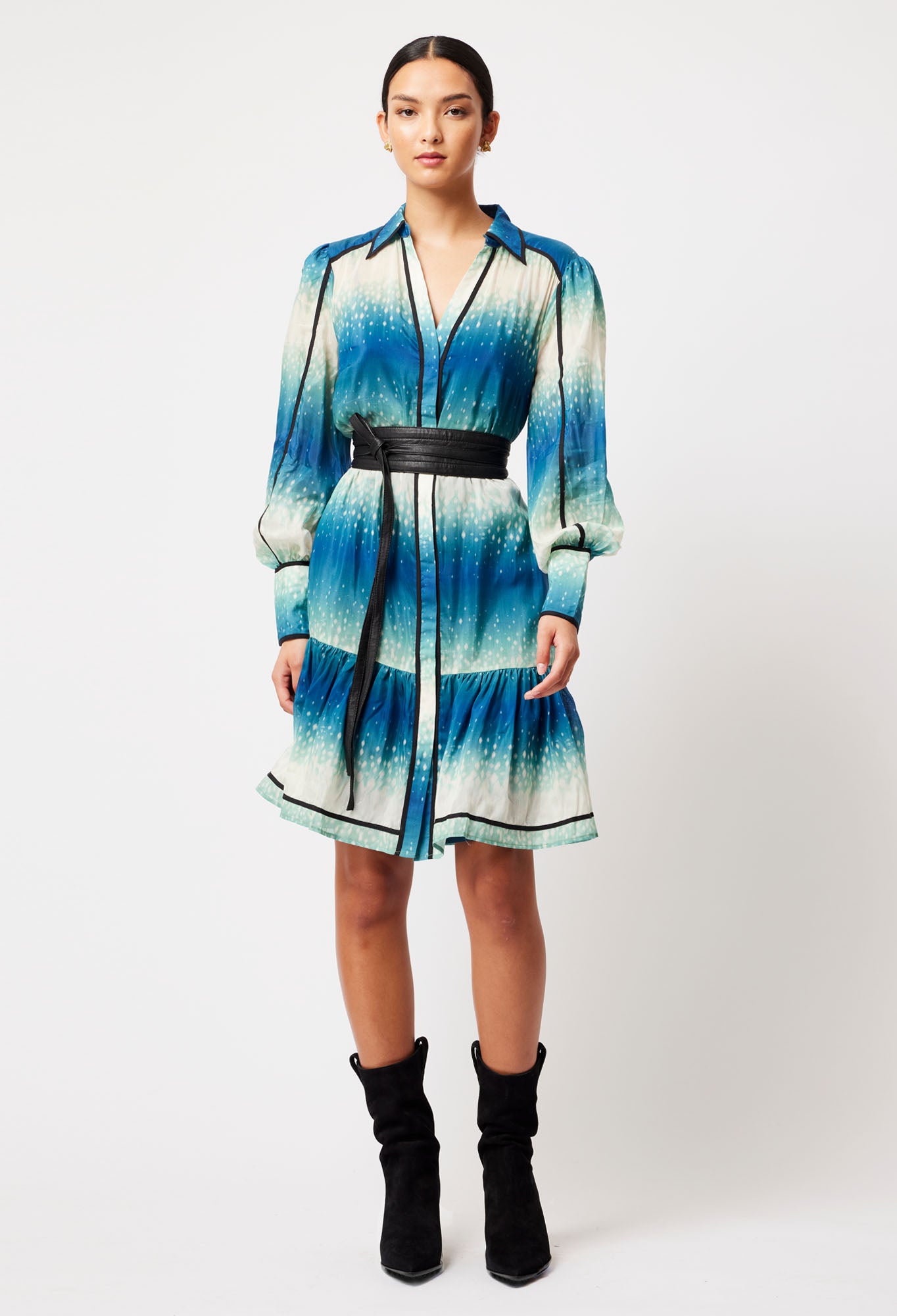 OnceWas Altair Cotton Silk Shirt Dress in Galaxy Print