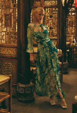 OnceWas Pavillion Viscose Chiffon Dress in Jade Floral
