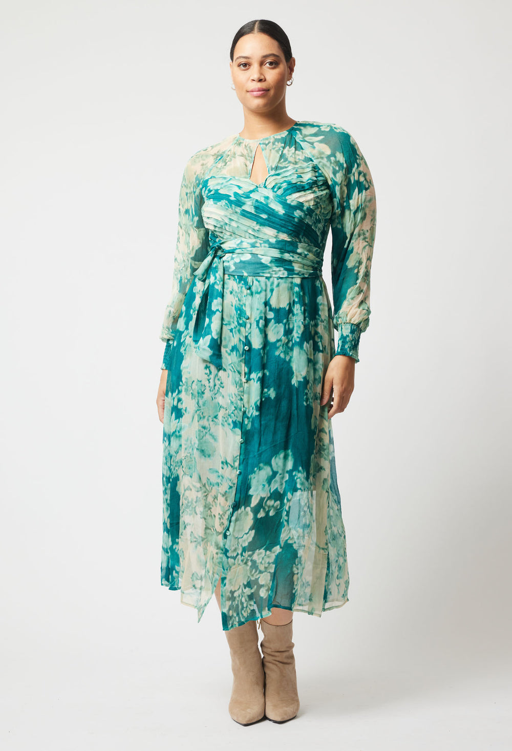 OnceWas Pavillion Viscose Chiffon Dress in Jade Floral