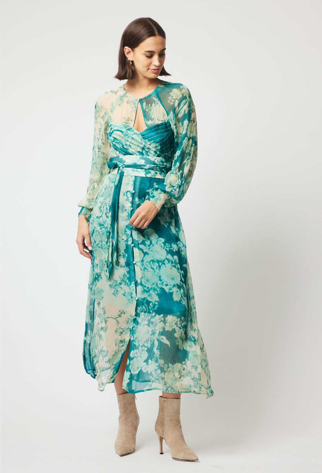 OnceWas Pavillion Viscose Chiffon Dress in Jade Floral