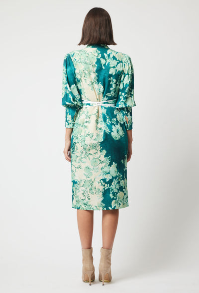 OnceWas Dynasty Linen Viscose Dress in Jade Floral