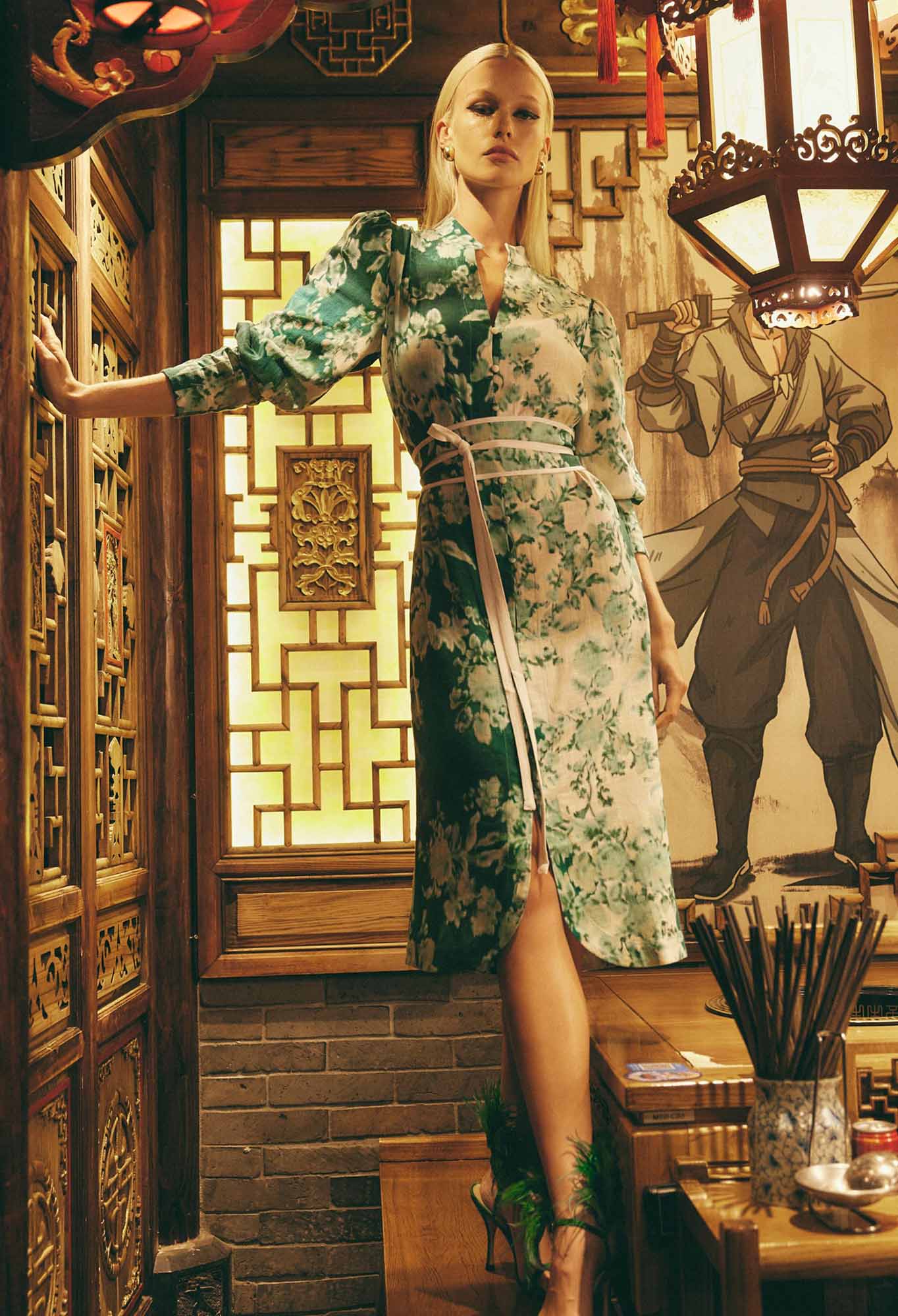 OnceWas Dynasty Linen Viscose Dress in Jade Floral