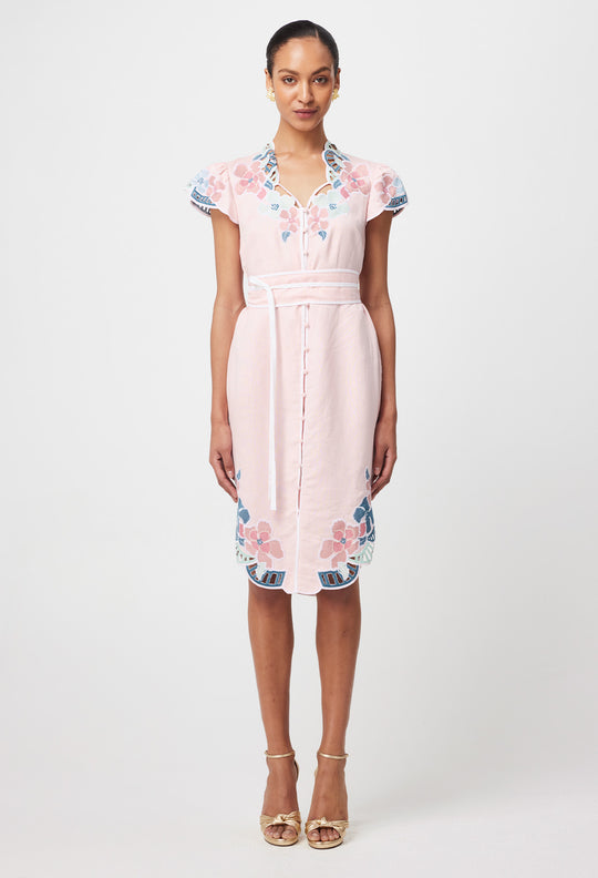 Ballou Embroidered Linen Viscose Dress in Blush