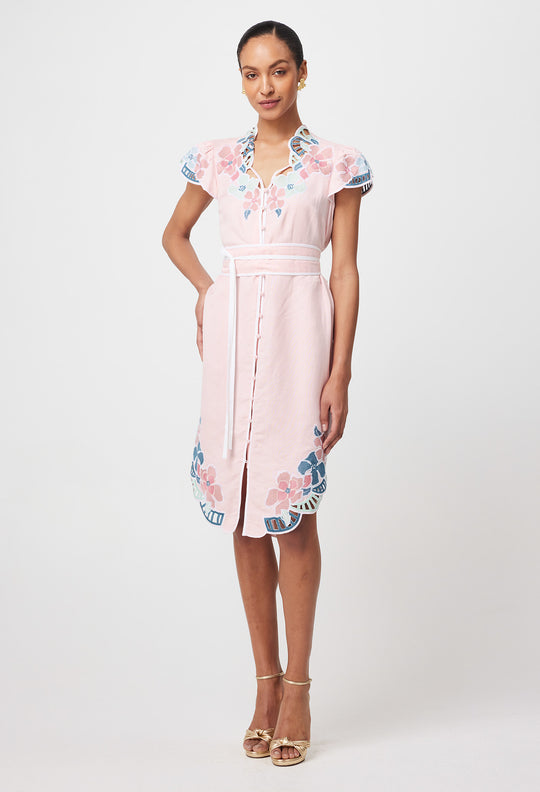 Ballou Embroidered Linen Viscose Dress in Blush