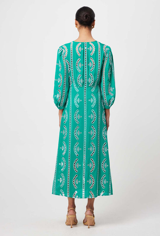 Morgan Embroidered Viscose Coat Dress in Bay Green