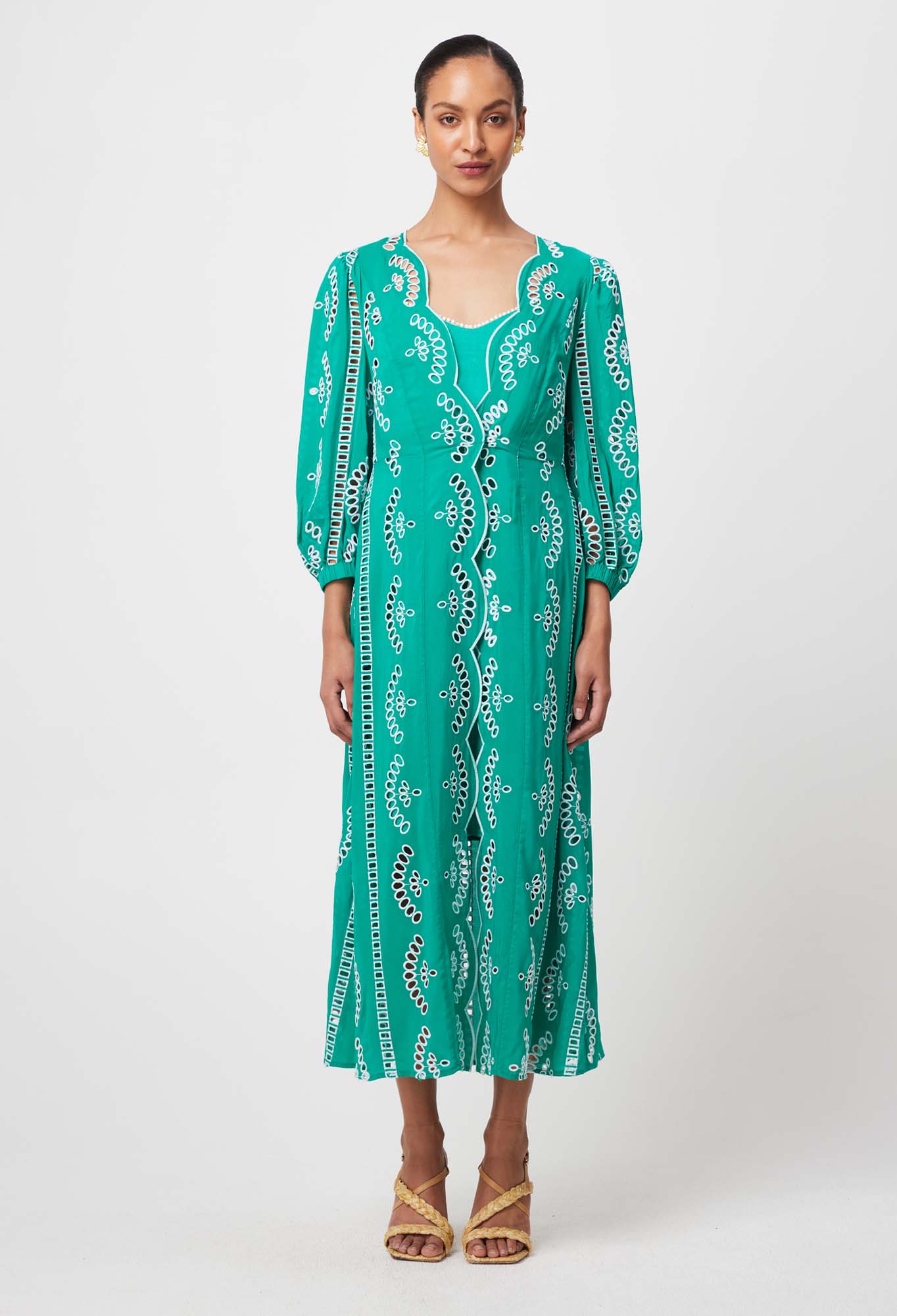 Morgan Embroidered Viscose Coat Dress in Bay Green OnceWas