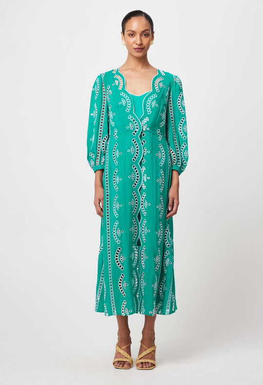 Morgan Embroidered Viscose Coat Dress in Bay Green