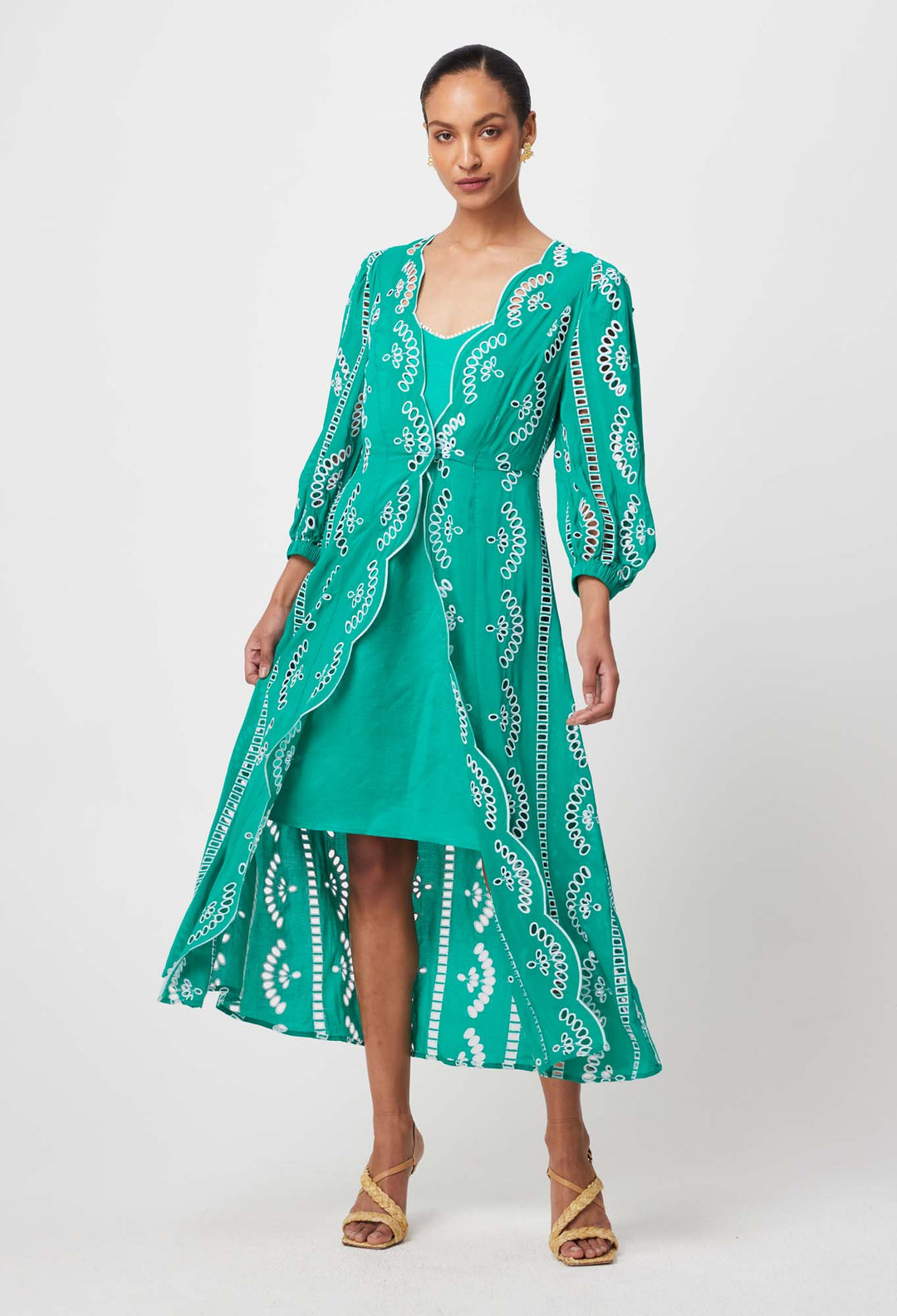 Morgan Embroidered Viscose Coat Dress in Bay Green