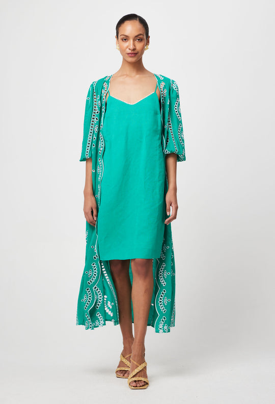 Morgan Embroidered Viscose Coat Dress in Bay Green