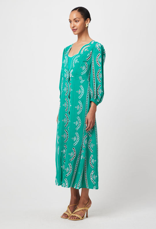 Morgan Embroidered Viscose Coat Dress in Bay Green