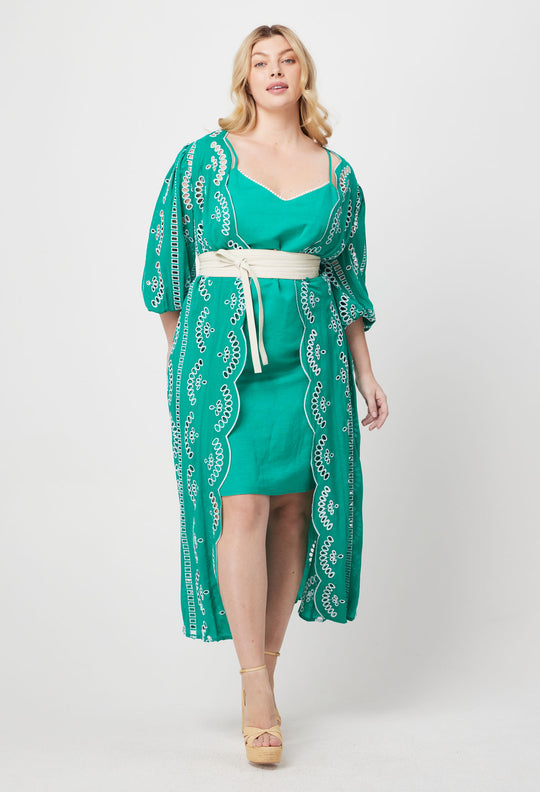 Morgan Embroidered Viscose Coat Dress in Bay Green