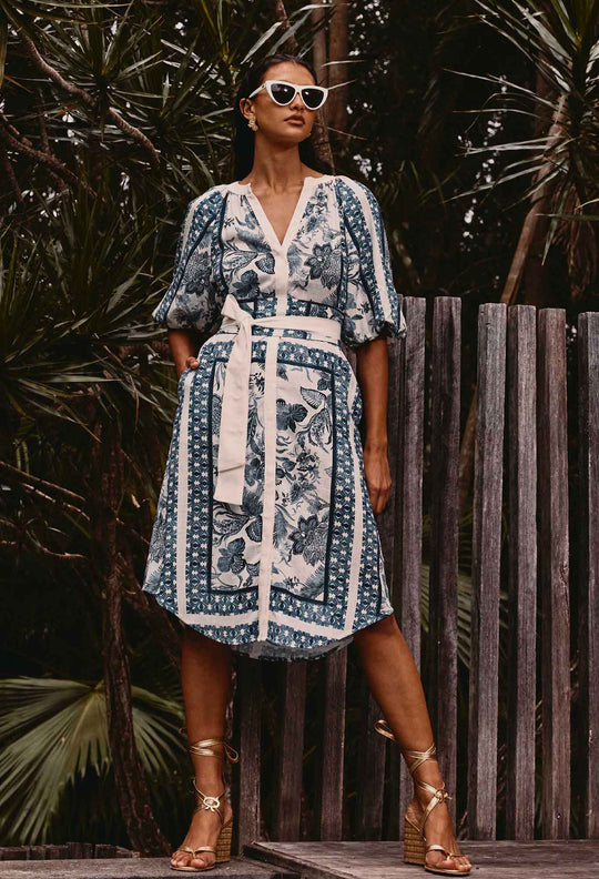 Bijou Linen Viscose Dress in Ink Flè Print