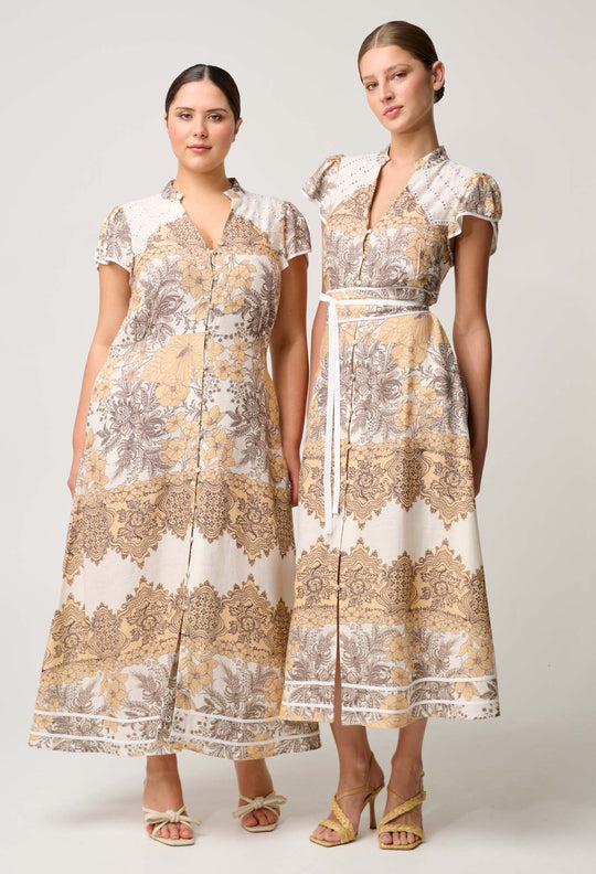 Novia Embroidered Linen Viscose Dress in Golden Mallow