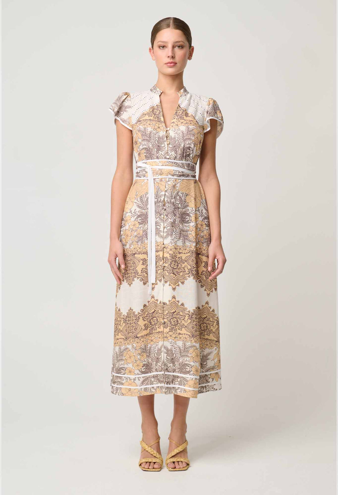 Novia Embroidered Linen Viscose Dress in Golden Mallow