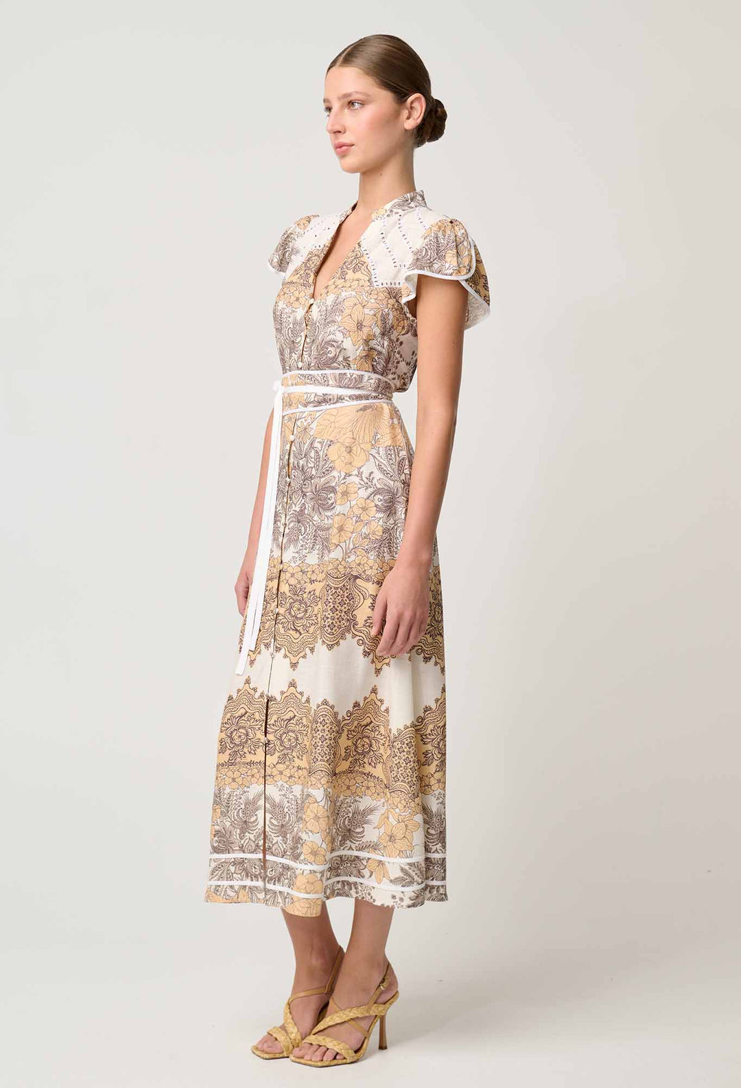 OnceWas Novia Embroidered Linen Viscose Dress in Golden Mallow