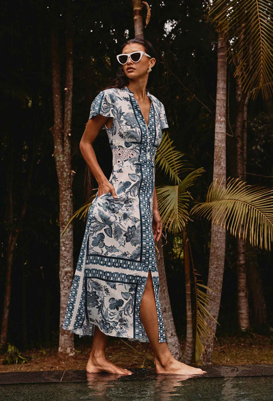 OnceWas Amoya Linen Viscose Dress in Ink Flè Print