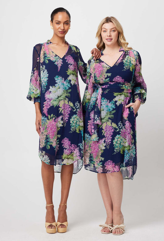 Lane Viscose Chiffon Dress in Navy Wisteria