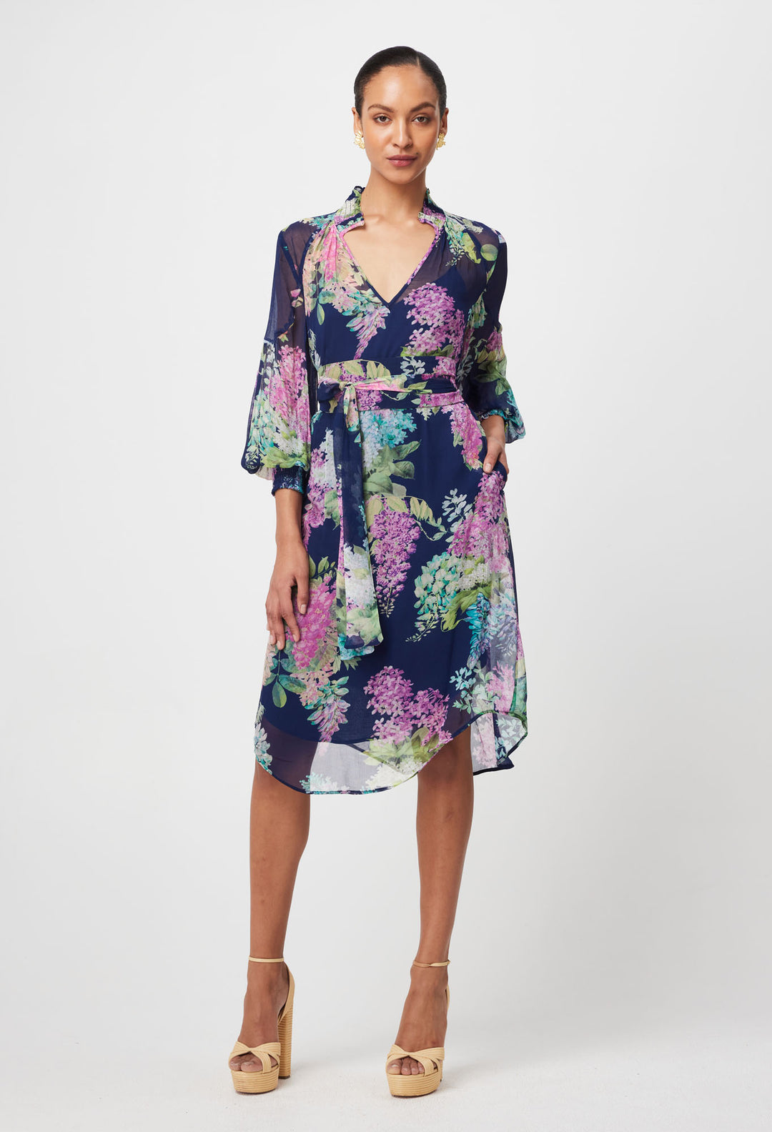 Lane Viscose Chiffon Dress in Navy Wisteria