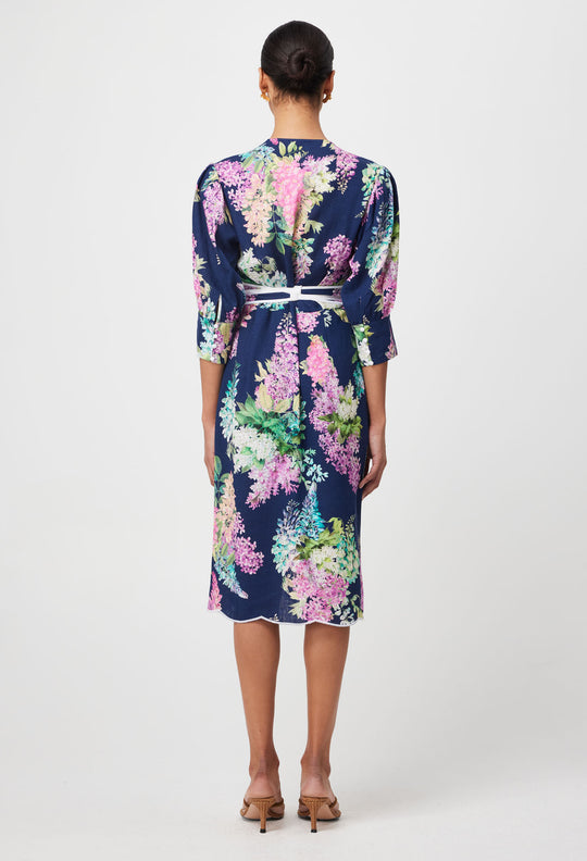 OnceWas Augustine Embroidered Linen Viscose Dress in Navy Wisteria