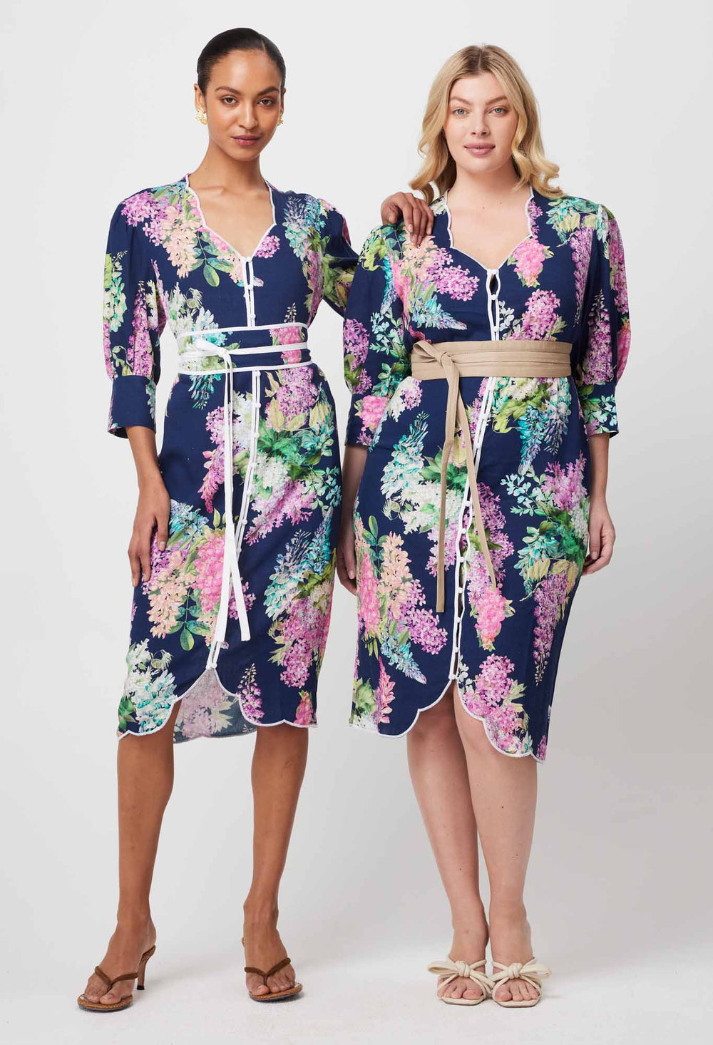 OnceWas Augustine Embroidered Linen Viscose Dress in Navy Wisteria